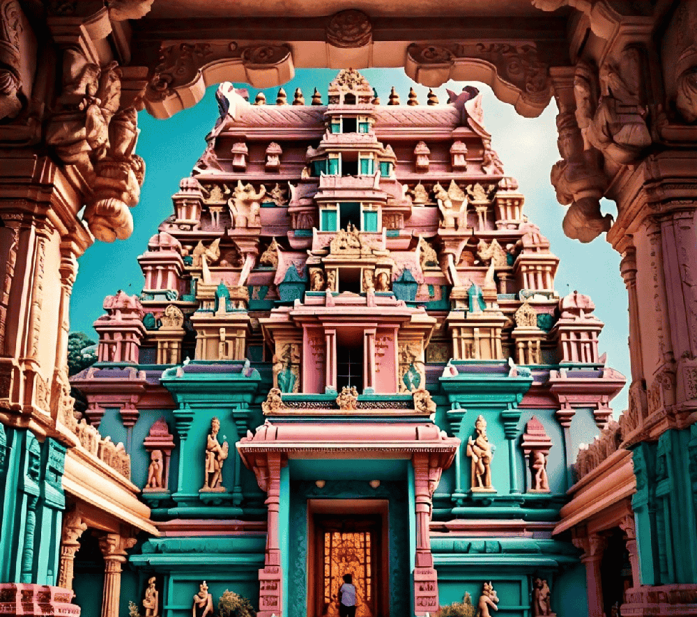 beautiful Hindu temple with intricate architecture, A picture of a devotee worshiping at a temple